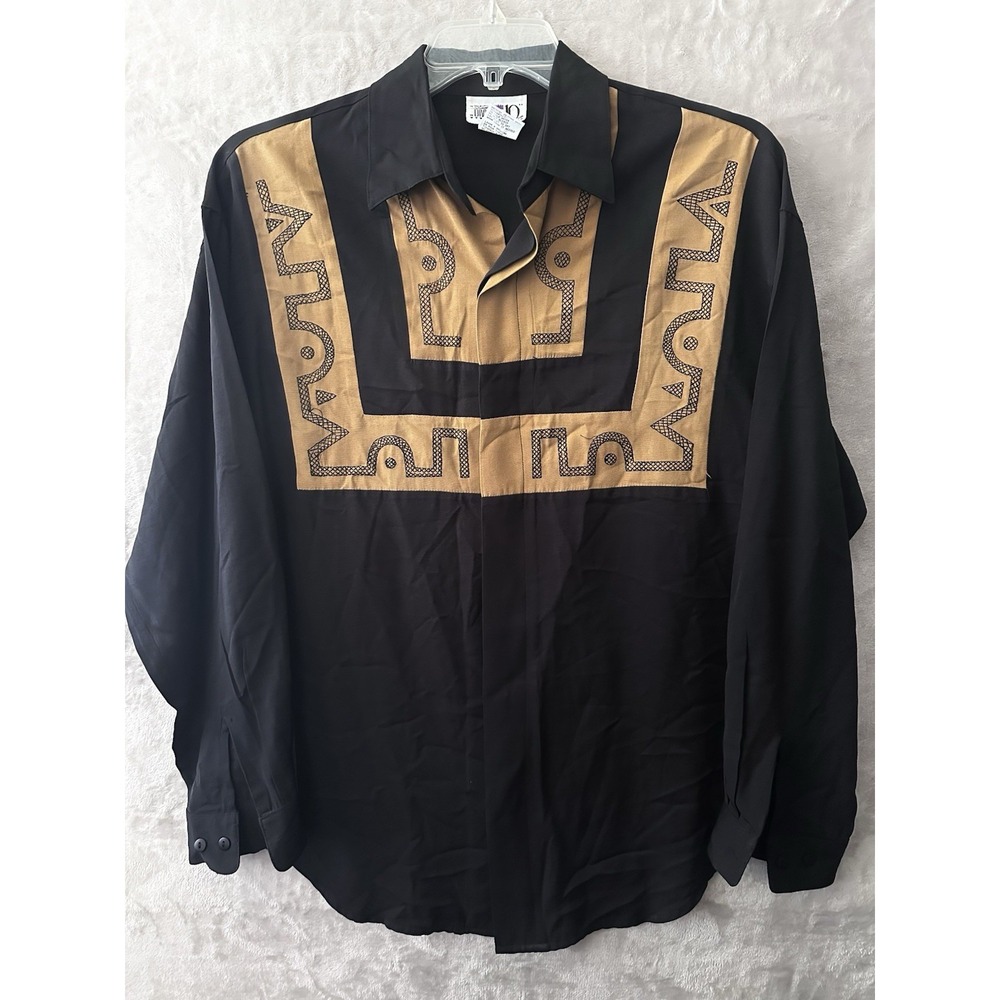 Division 10 Shirt Mens Medium Black Gold Tribal Geometric Button Front Rayon